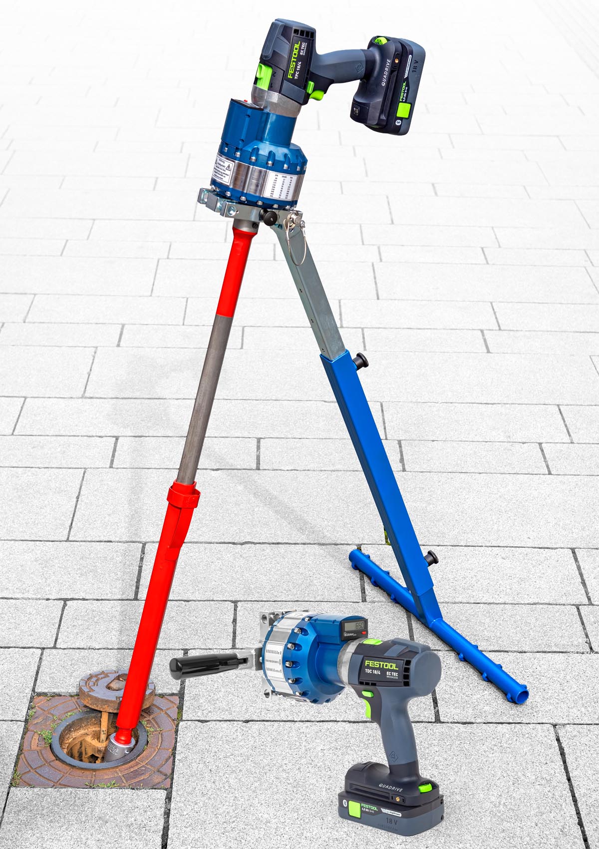Akku-Schieberdrehmaschine, akkubetriebene Schiebermaschine, Schieberdrehgerät GMS 650 Z mit neuem Antrieb von Festool und wero mit Stützrohr